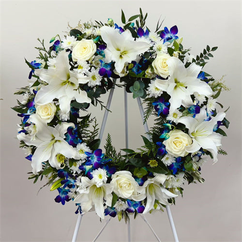 Funeral Wreath #15 White & Blue (Orchids)丨Funeral Flowers delivery Melbourne