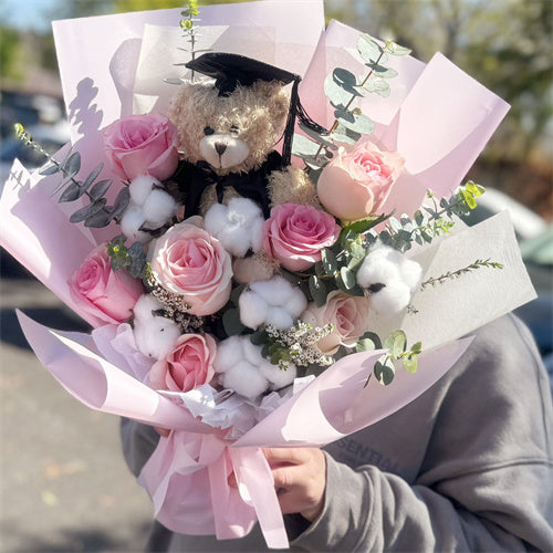 Graduation Flowers丨Pink Roses with Cotton & Graduation Teddy Bouquet #2