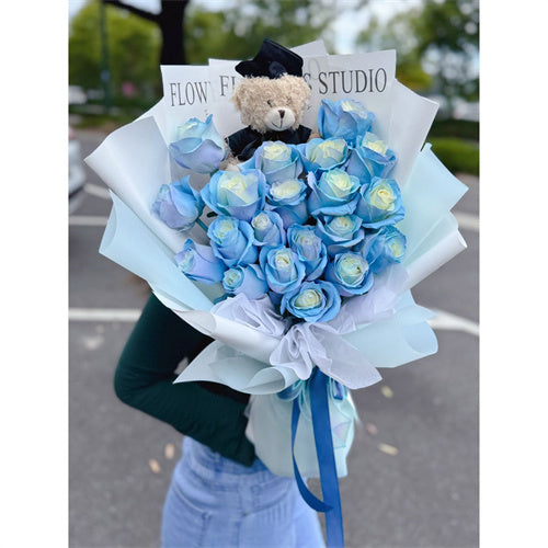 Graduation Teddy & Rose Bouquet #Blue Deluxe