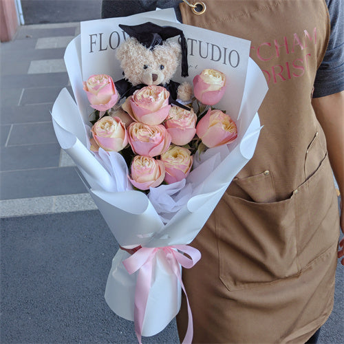 Graduation Teddy & Rose Bouquet #Pink