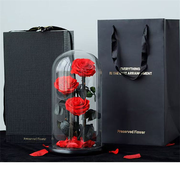 3 Stems Everlasting Preserved Red Rose Glass Dome (30cm)丨Preserved Flowers丨Dry Flowers Melbourne