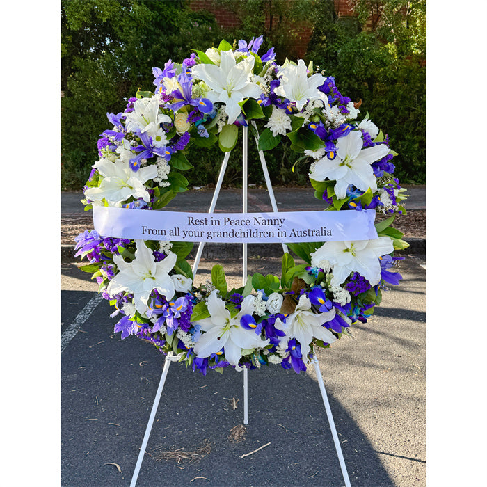 Funeral Wreath #13 White & Blue (Iris)丨Funeral Flowers delivery Melbourne