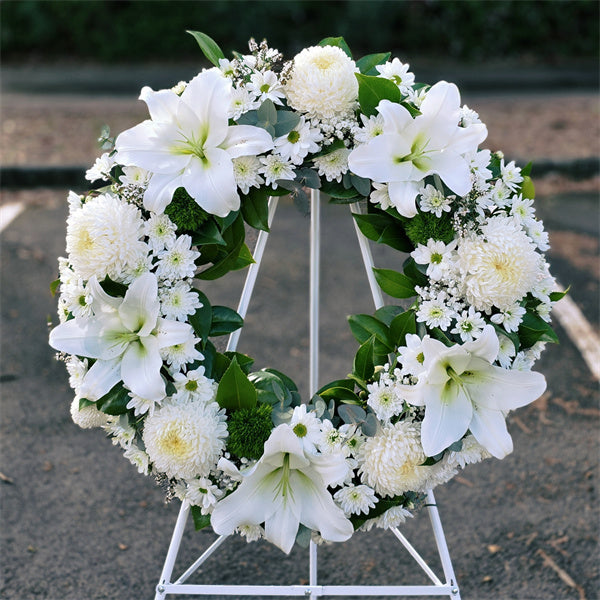 Funeral Wreath #10 Classic White (Lilies)丨Funeral Flowers delivery Melbourne