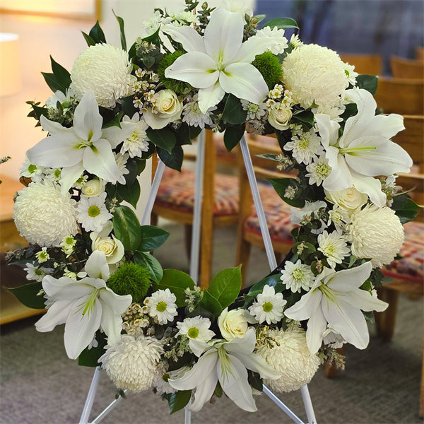 Funeral Wreath #10 Classic White (Lilies)丨Funeral Flowers delivery Melbourne