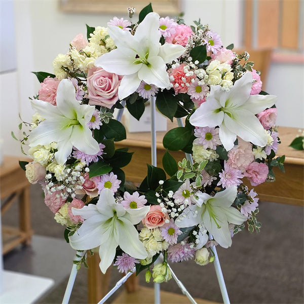 Funeral Wreath #4 Classic Pastel Pink & White丨Funeral Flowers delivery Melbourne