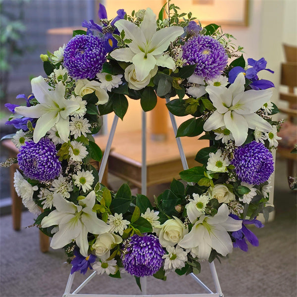 Funeral Wreath #1 White & Purple Classic丨Funeral Flowers delivery Melbourne