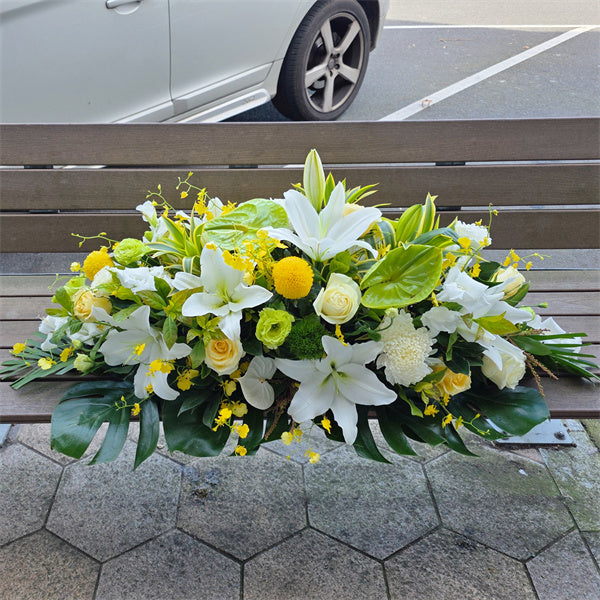 Funeral Casket Spray Flowers #10 80-120cm White & Green & Yellow丨Funeral Flowers delivery Melbourne