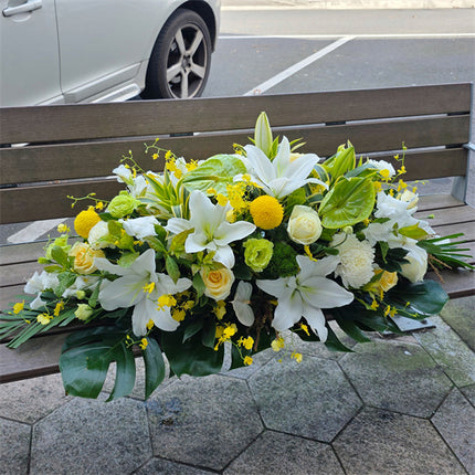 Funeral Casket Spray Flowers #10 80-120cm White & Green & Yellow丨Funeral Flowers delivery Melbourne