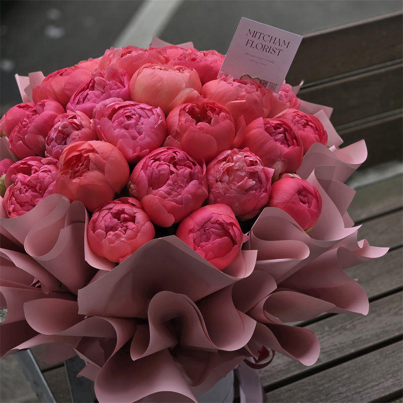 10 Coral Charm Peonies Hatbox