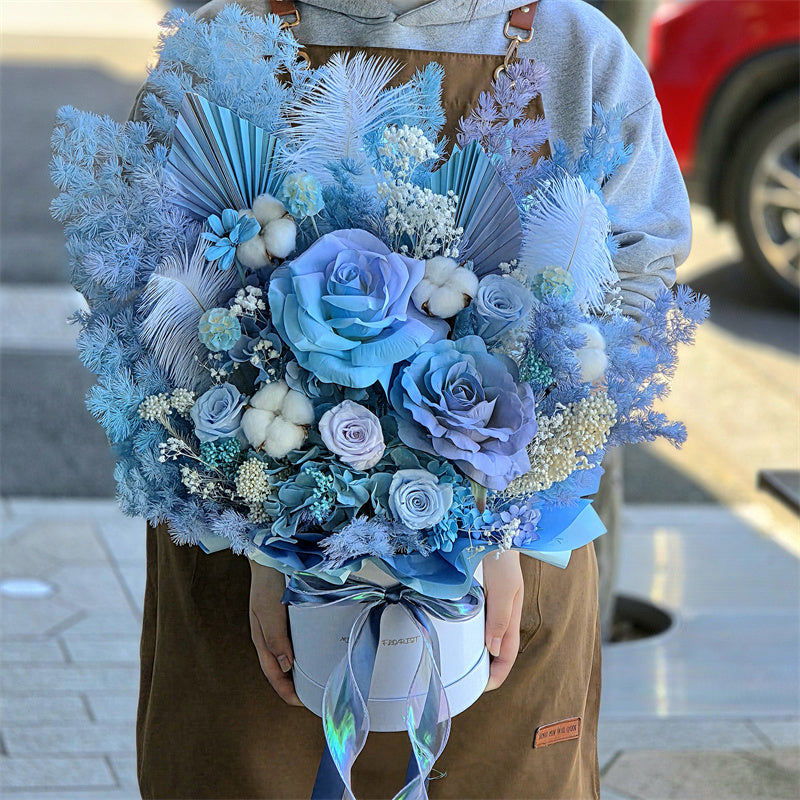 Blue Everlasting Preserved Flower Hatbox Medium丨Preserved Flowers丨Dry Flowers Melbourne