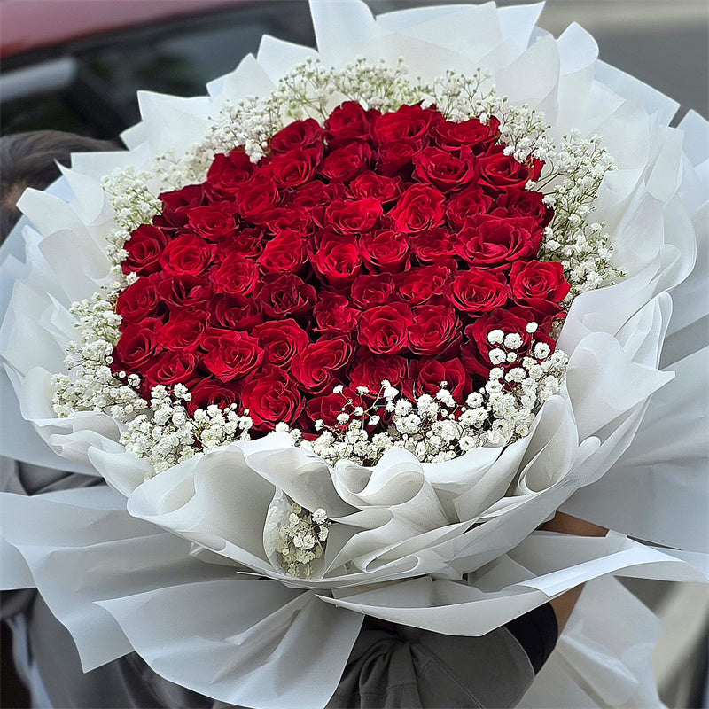 52 Roses 52 Roses & Baby's Breaths Bouquet (White Wrapping) – Mitcham Florist
