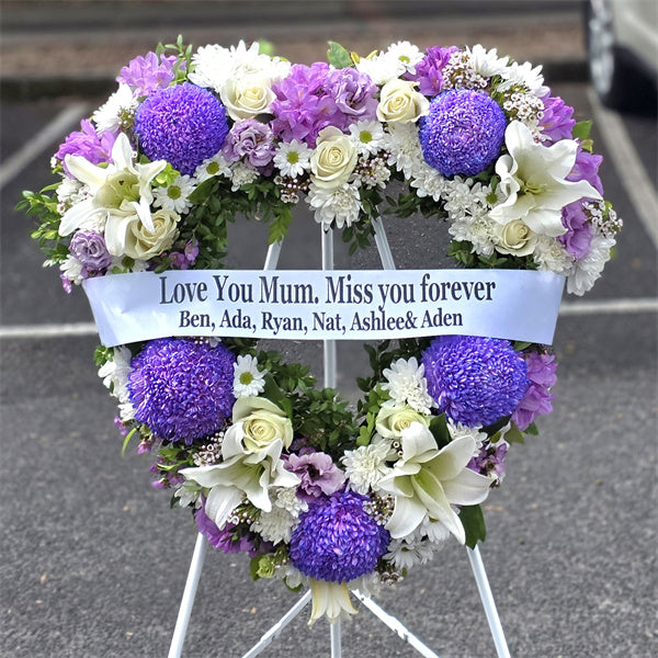 Funeral Heart Wreath #31 30cm/65cm White & Purple Style丨Funeral Flowers delivery Melbourne