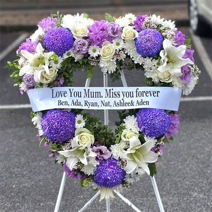 Funeral Heart Wreath #31 30cm/65cm White & Purple Style丨Funeral Flowers delivery Melbourne
