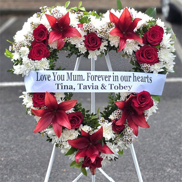 Funeral Heart Wreath #32 30cm/65cm White & Red Style丨Funeral Flowers delivery Melbourne