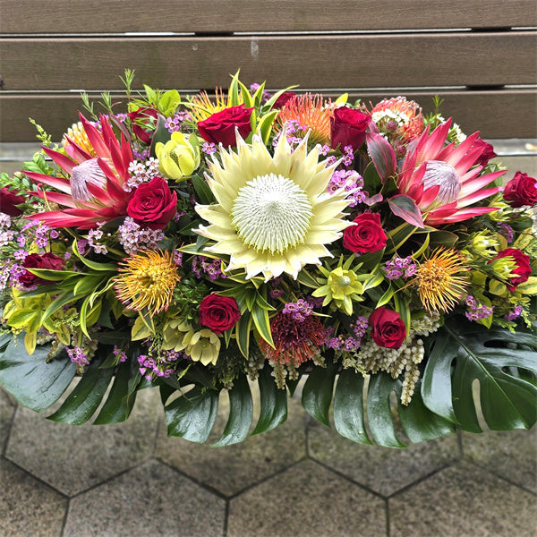 Funeral Casket Spray Flowers #17 80-120cm Seasonal Natives & Red Roses丨Funeral Flowers delivery Melbourne
