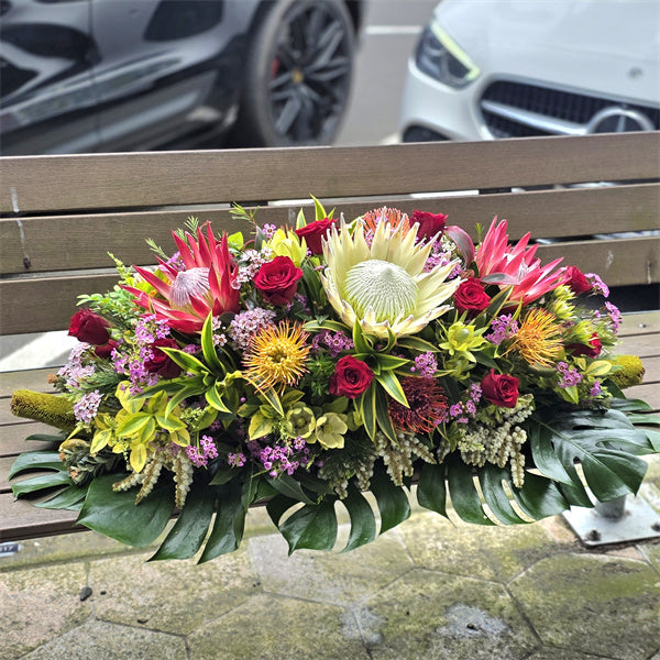 Funeral Casket Spray Flowers #17 80-120cm Seasonal Natives & Red Roses丨Funeral Flowers delivery Melbourne