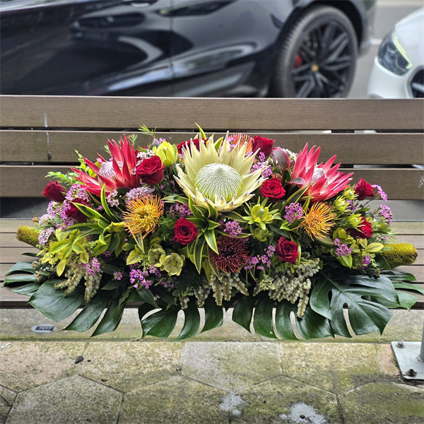 Funeral Casket Spray Flowers #17 80-120cm Seasonal Natives & Red Roses丨Funeral Flowers delivery Melbourne