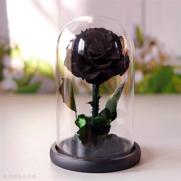 Single Stem Everlasting Preserved Black Rose Glass Dome (20cmH)丨Preserved Flowers丨Dry Flowers Melbourne