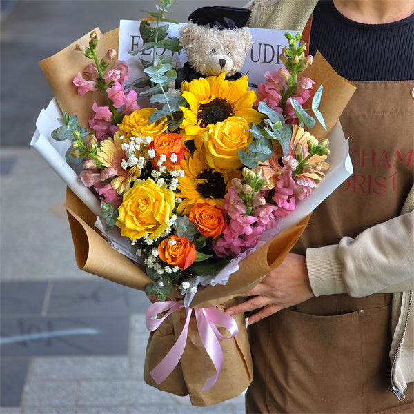 Graduation Flowers丨Happy Vibes Fresh Flowers & Graduation Teddy Bouquet #8