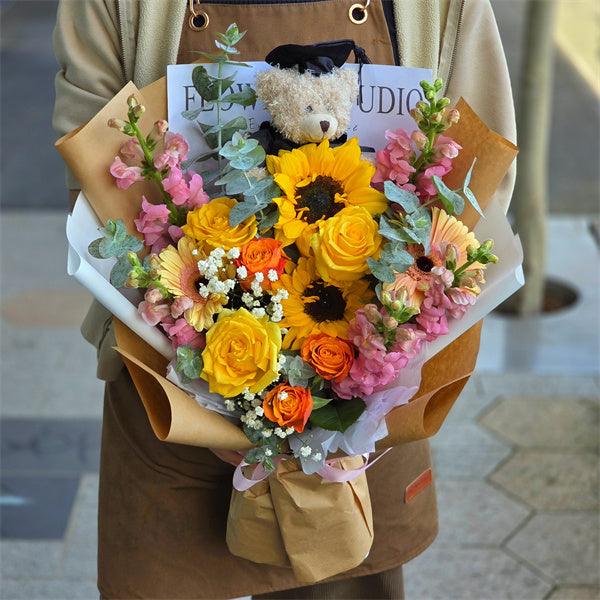 Graduation Flowers丨Happy Vibes Fresh Flowers & Graduation Teddy Bouquet #8