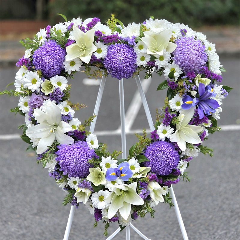 Funeral Heart Wreath #31 30cm/65cm White & Purple Style丨Funeral Flowers delivery Melbourne