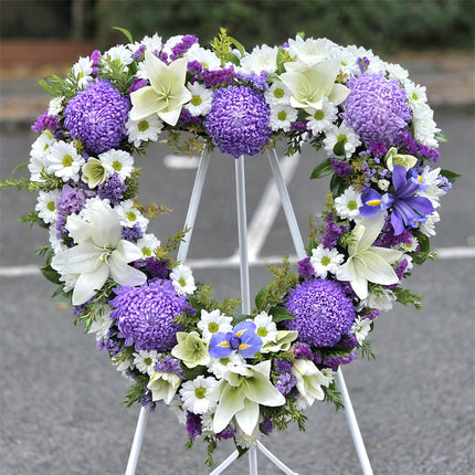 Funeral Heart Wreath #31 30cm/65cm White & Purple Style丨Funeral Flowers delivery Melbourne