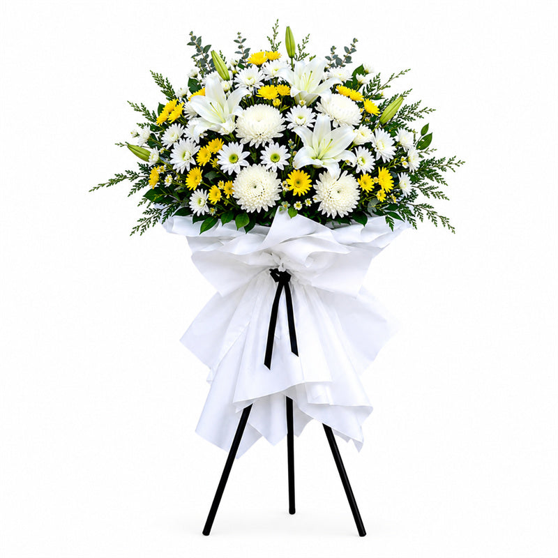 Funeral Flower Stand 1.65m White & Yellow | Melbourne Funeral Flowers丨墨尔本葬礼白黄色系站立式花篮1.65米