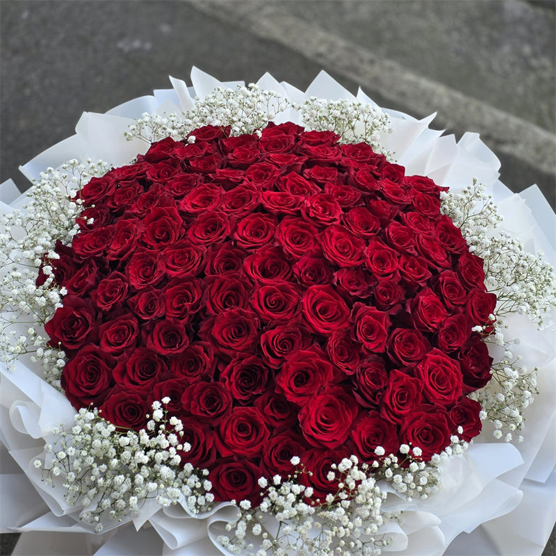 99 Roses & Baby's Breaths Bouquet (White Wrapping)