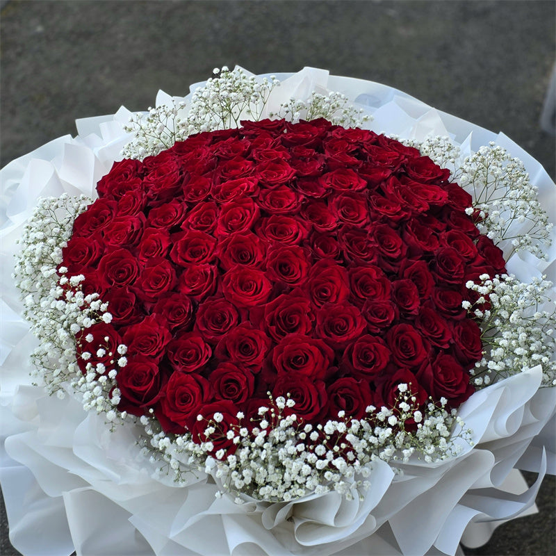 99 Roses & Baby's Breaths Bouquet (White Wrapping)