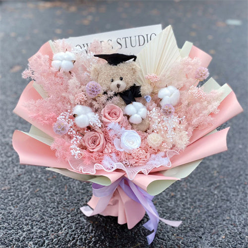 Graduation Flowers丨Pink Preserved Everlasting Flowers & Graduation Teddy Bouquet