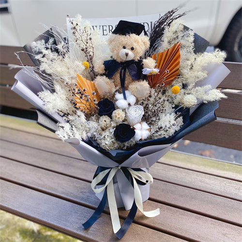 Graduation Flowers丨Black Preserved Everlasting Flowers & Graduation Teddy Bouquet