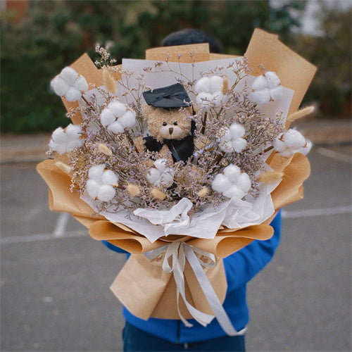 Graduation Flowers丨Preserved Everlasting Cotton with Misty & Graduation Teddy Bouquet