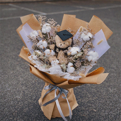 Graduation Flowers丨Preserved Everlasting Cotton with Misty & Graduation Teddy Bouquet