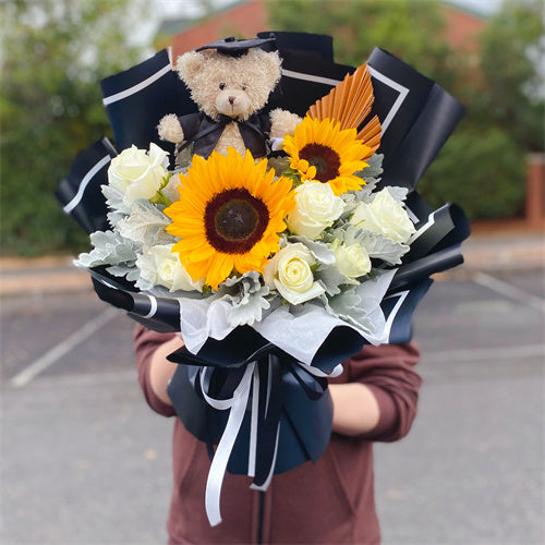 Graduation Flowers丨White Roses & Sunflowers Fresh Flowers & Teddy Bouquet #1