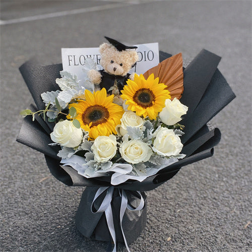 Graduation Flowers丨White Roses & Sunflowers Fresh Flowers & Teddy Bouquet #1